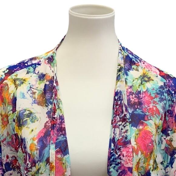 MOD Womens Medium Bright Floral Lightweight Flowy Front Tie Long Sleeve Coverup - Picture 2 of 6